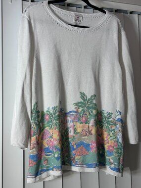 Women's Appleseeds Tropical Border-Print Summer Sweater Size XL Like New